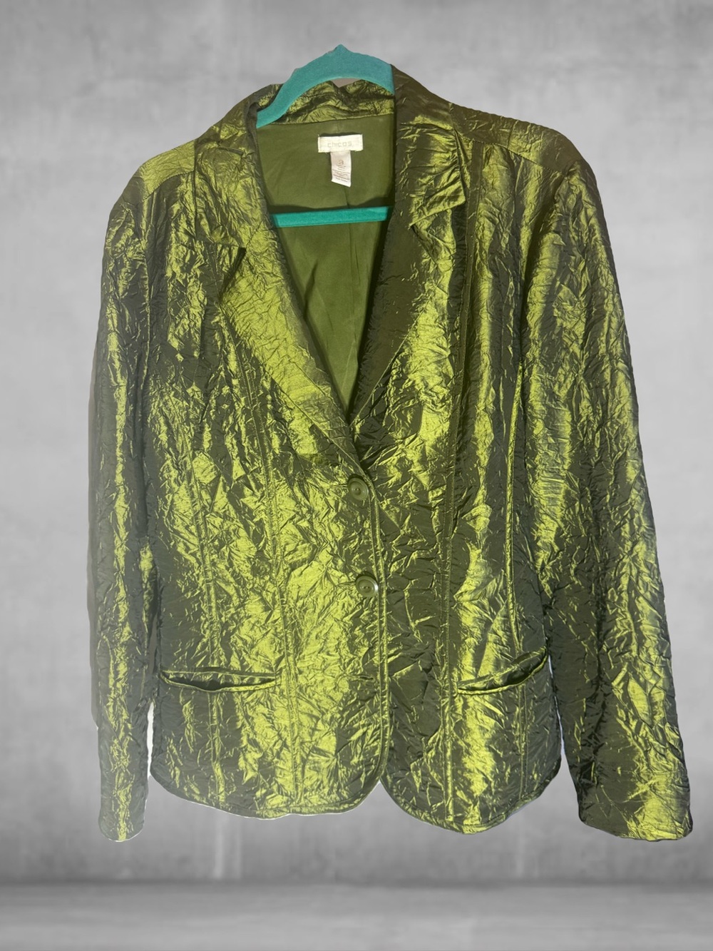 Chico's Shimmery Olive Green Crinkle Blazer